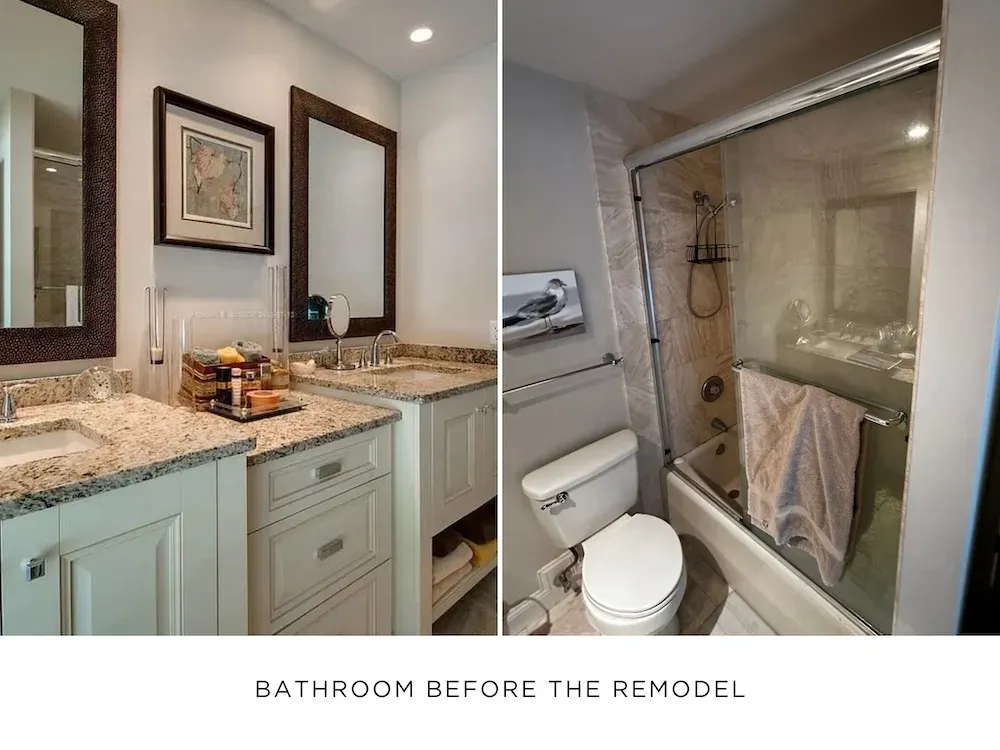 Bathroom before the remodel: granite double vanity with framed mirrors, and a tub with sliding glass doors
