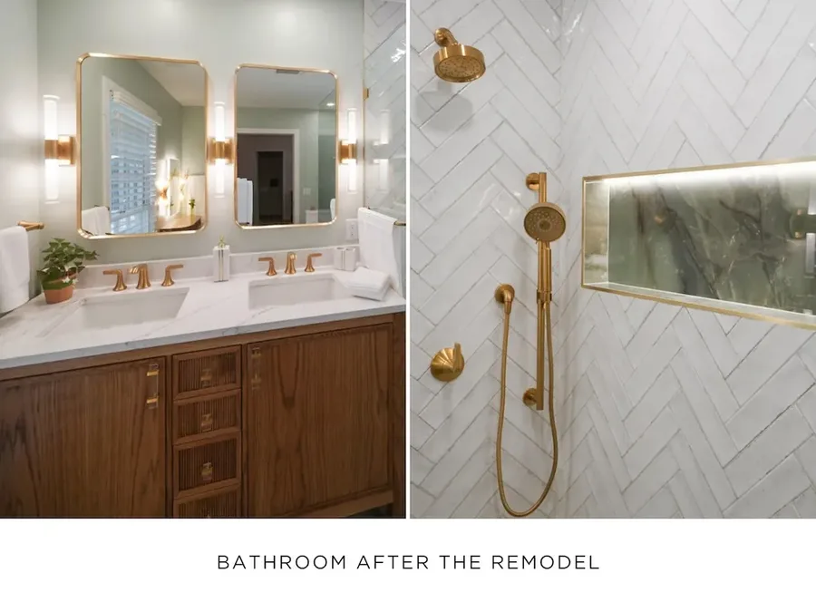 Bathroom after the remodel: wood double vanity with gold fixtures, and a herringbone tile shower with a lit niche