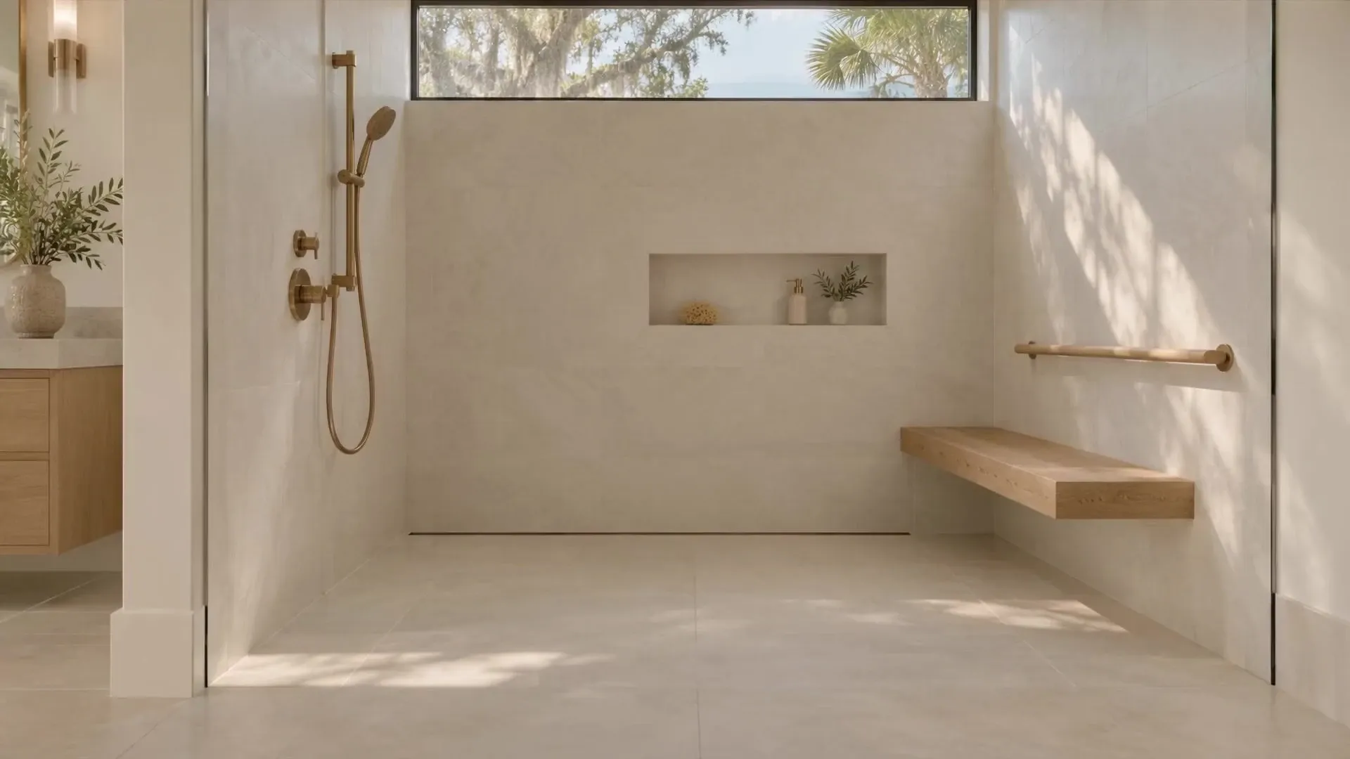 Accessible home design with a curbless shower and bench, wide doorways, a floating vanity and a seated kitchen counter (poster frame)
