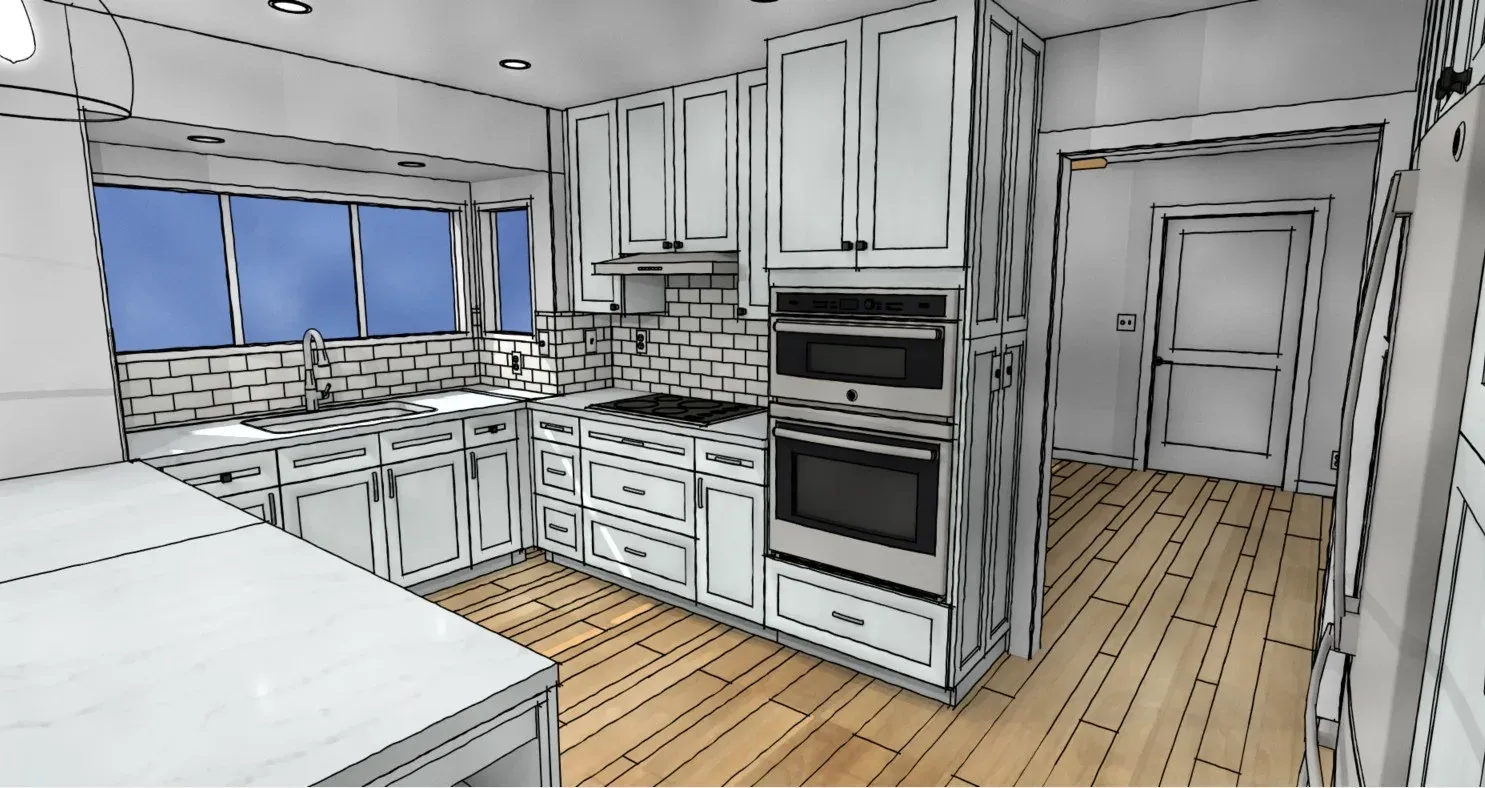 A digital design rendering shows a white kitchen with subway tile backsplash, stacked wall ovens, a gas cooktop, an island with light countertops, and wood-style flooring leading to a hallway.