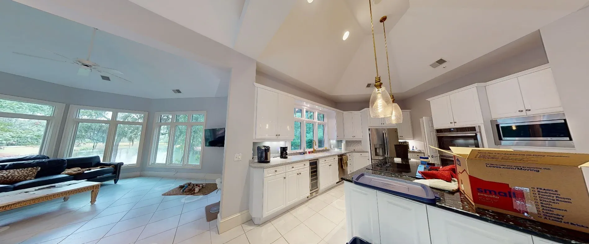 An open kitchen with white cabinetry, a dark granite island, and stainless steel appliances flows into a vaulted-ceiling living area with large windows overlooking a wooded waterway.