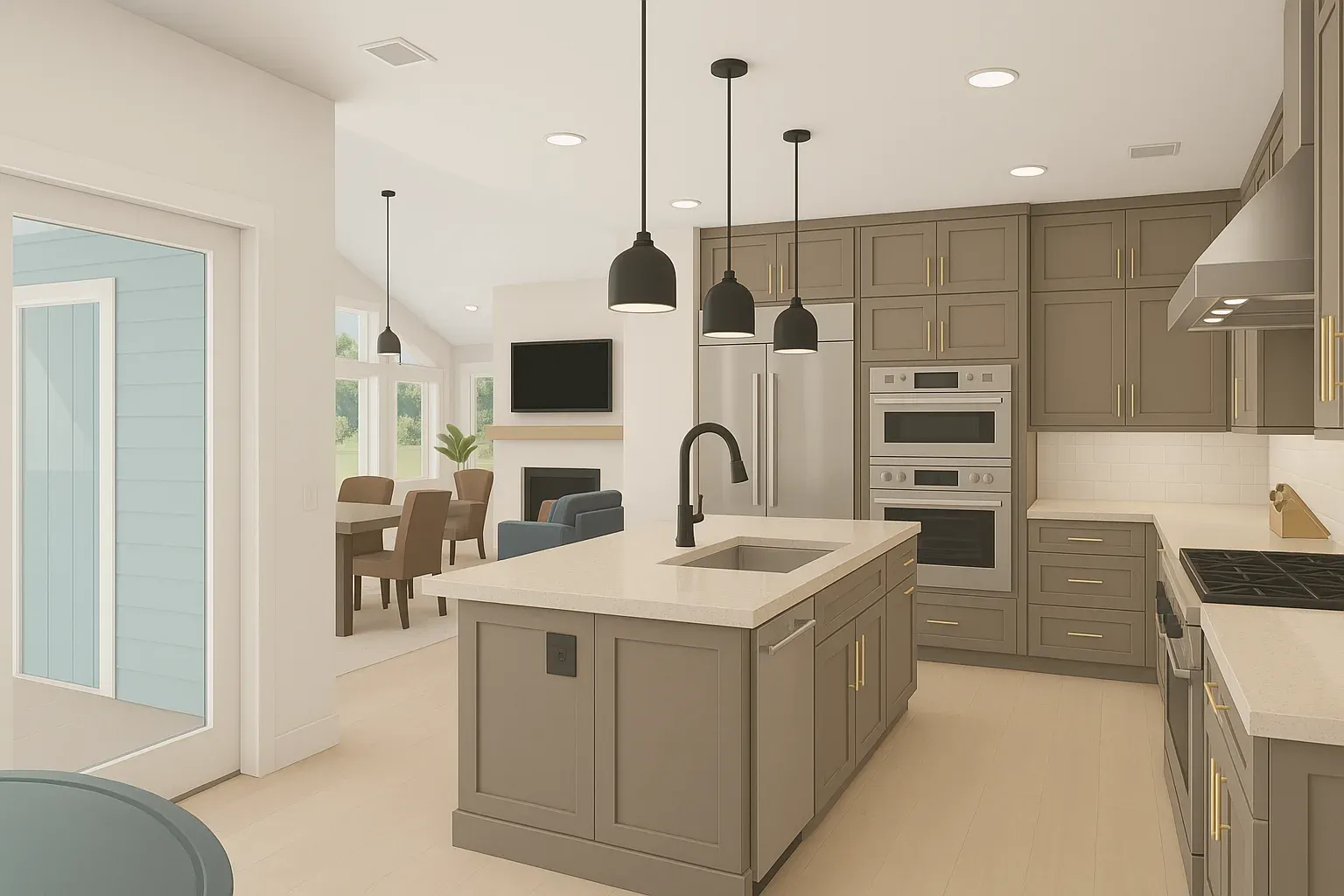 An open-concept kitchen with taupe shaker cabinets, a large center island with white quartz countertops and a sink, and black pendant lights hanging above, overlooking a living area with a fireplace and dining table in the background.