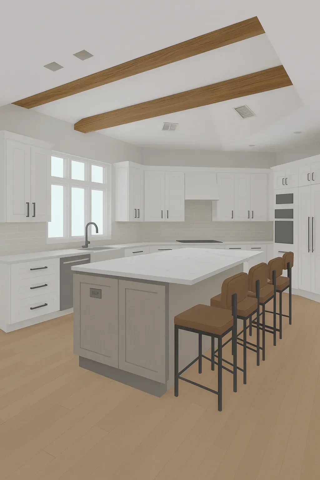 A rendered kitchen design shows a large center island with white marble countertop and four brown leather stools, surrounded by white shaker cabinetry, a tiled backsplash, and wood ceiling beams overhead.