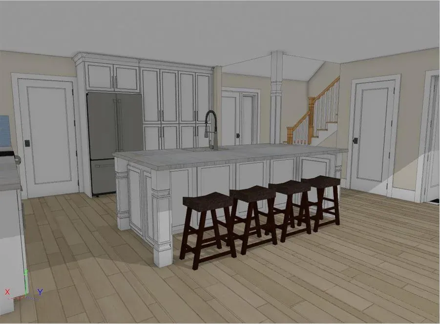 A 3D design rendering shows a planned kitchen with a large island topped with a gray countertop, four dark wood stools, white paneled cabinetry, a stainless refrigerator, and a staircase visible in the background hallway.