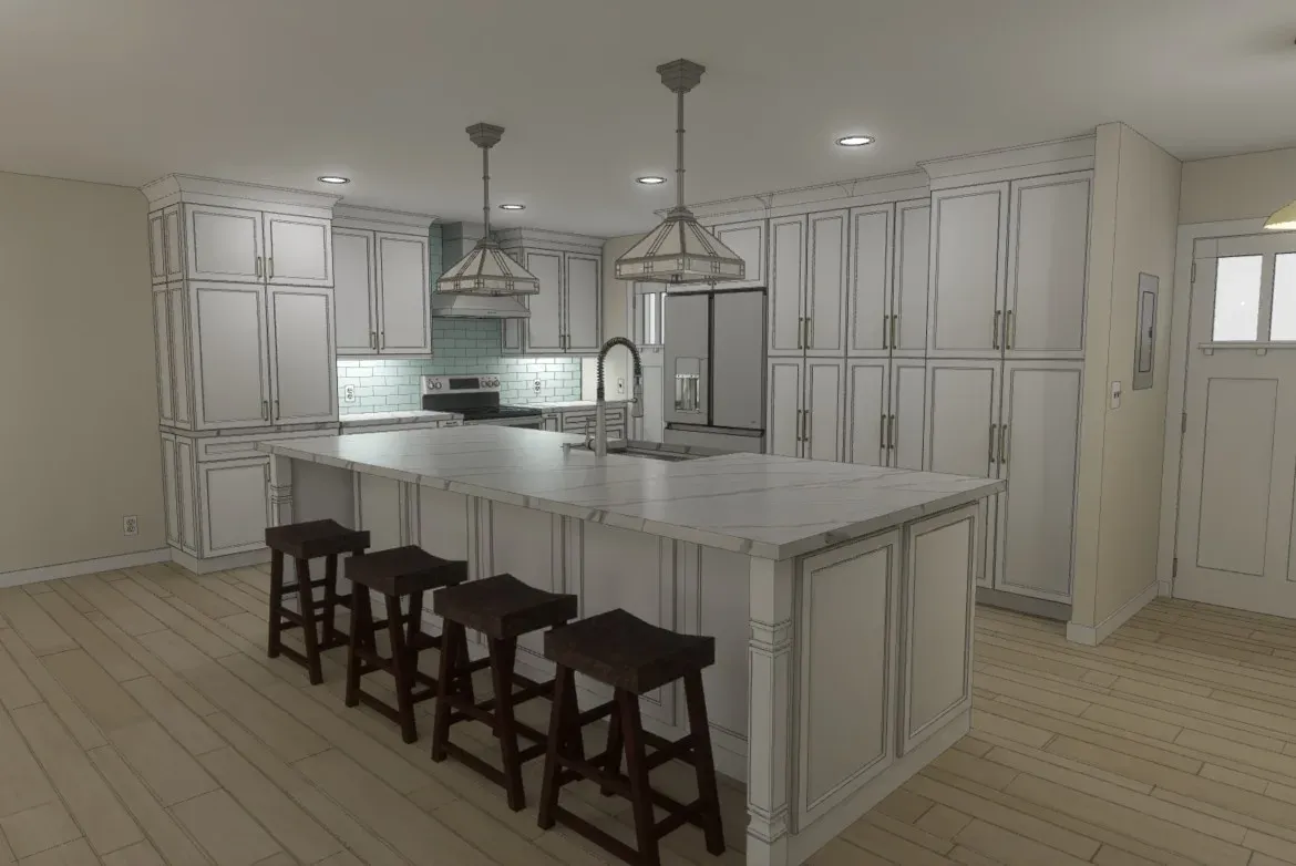 A 3D rendering shows a kitchen remodel design with white cabinetry, a marble-topped island with four wooden stools, glass subway tile backsplash, and pendant lighting over the island.
