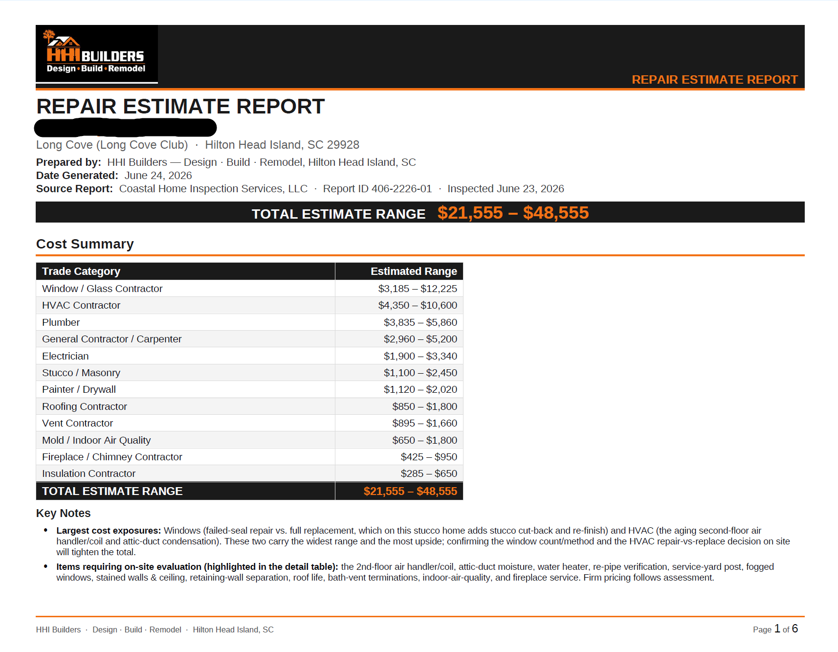 A document page shows a repair estimate report summarizing cost ranges for various home trade categories for a property in the Long Cove community on Hilton Head Island.
