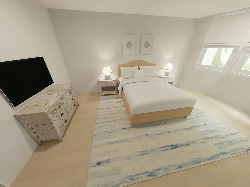 A rendered bedroom features a wicker-framed bed with white linens, flanked by matching nightstands and lamps, a whitewashed dresser with a mounted television, and a blue and white striped area rug over light wood flooring.