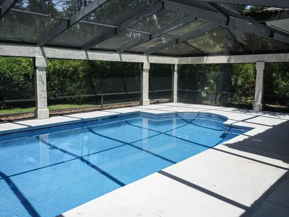 A screened and covered pool enclosure with a blue rectangular pool surrounded by a concrete deck and dense green trees visible beyond the mesh walls.